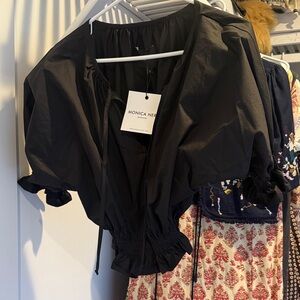 MONICA NERA Black Drawstring Puff-Sleeve Top